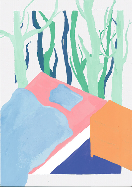 riso print showing a bedroom merging into trees