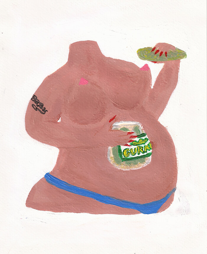 Guache painting of topless pregnant lady eating gurkins