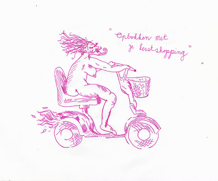 Pink illustration of with on a mobile scooter