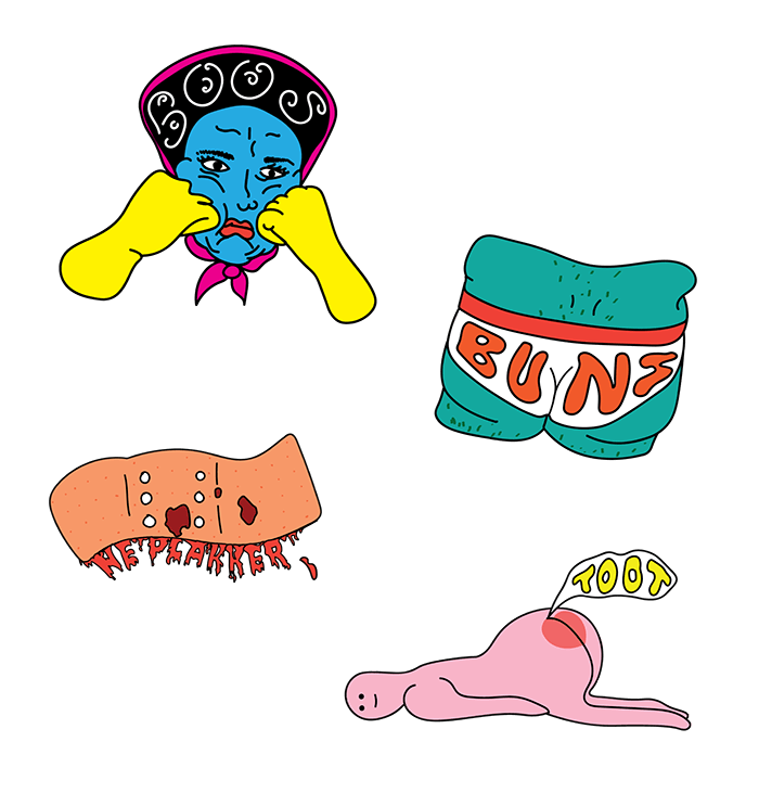 Four digital sticker illustrations